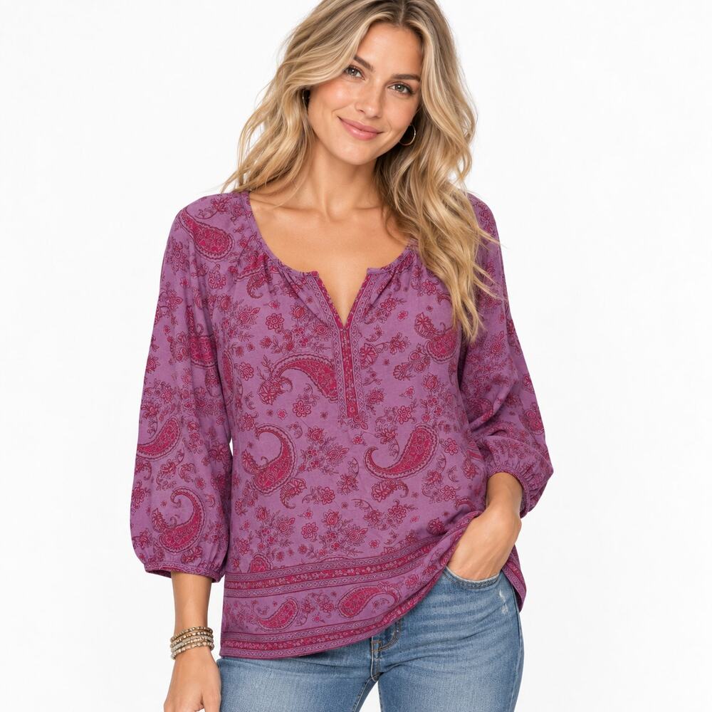 J. Jill Purejill Paisley Top Womens Medium Orchid Split Neck Border Print Knit